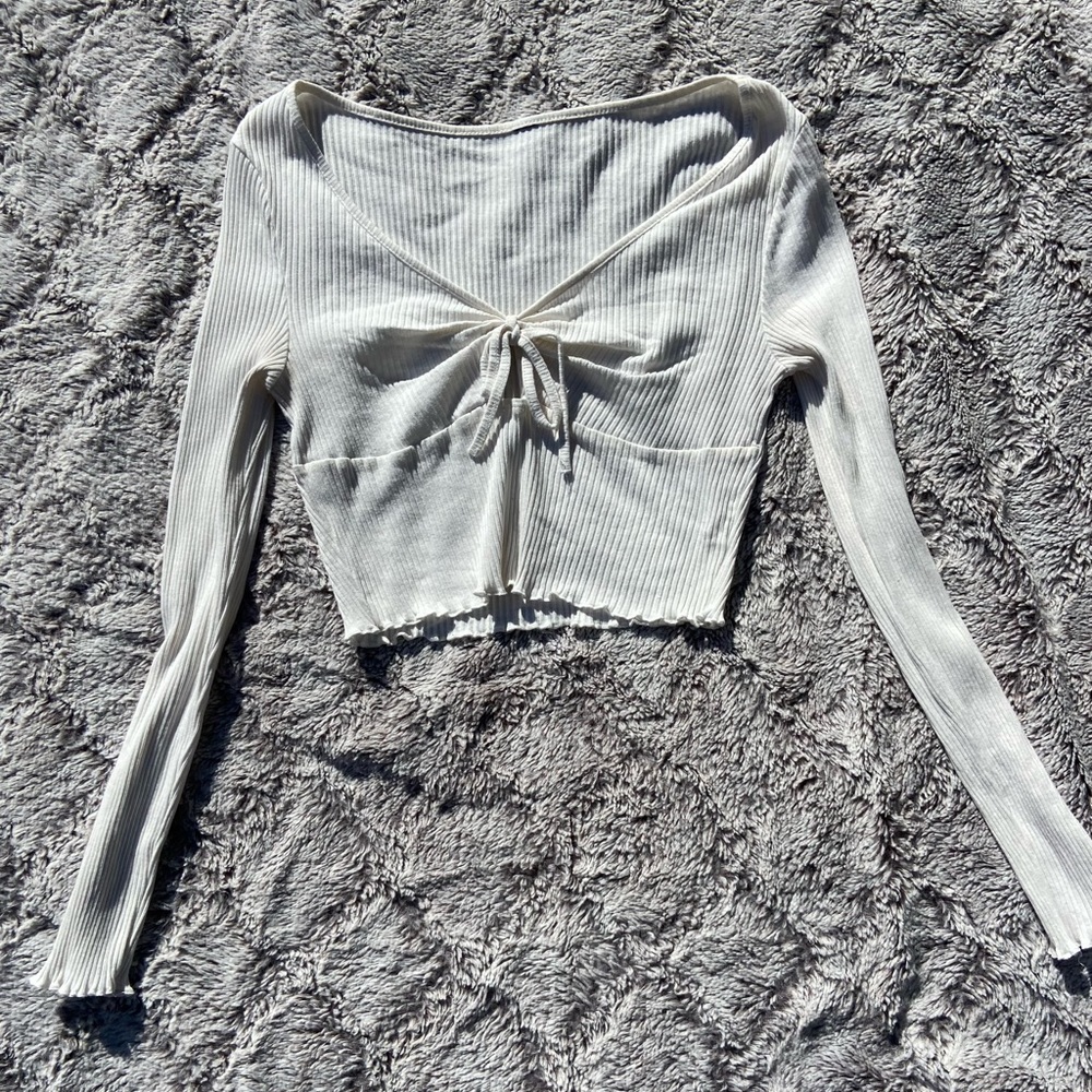 White Lettuce Trim Knot Front long sleeve - Large, SHEIN